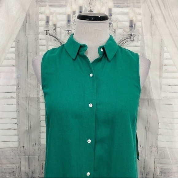 Jessica Howard Size 8 Petite 8P Solid Green Button Front Linen Mini Shirt Dress - Picture 3 of 13